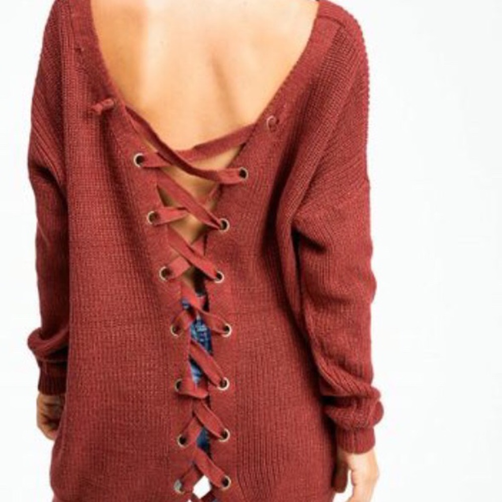 Rust Long Sleeve V Neck Lace Up Boho Tunic Sweater